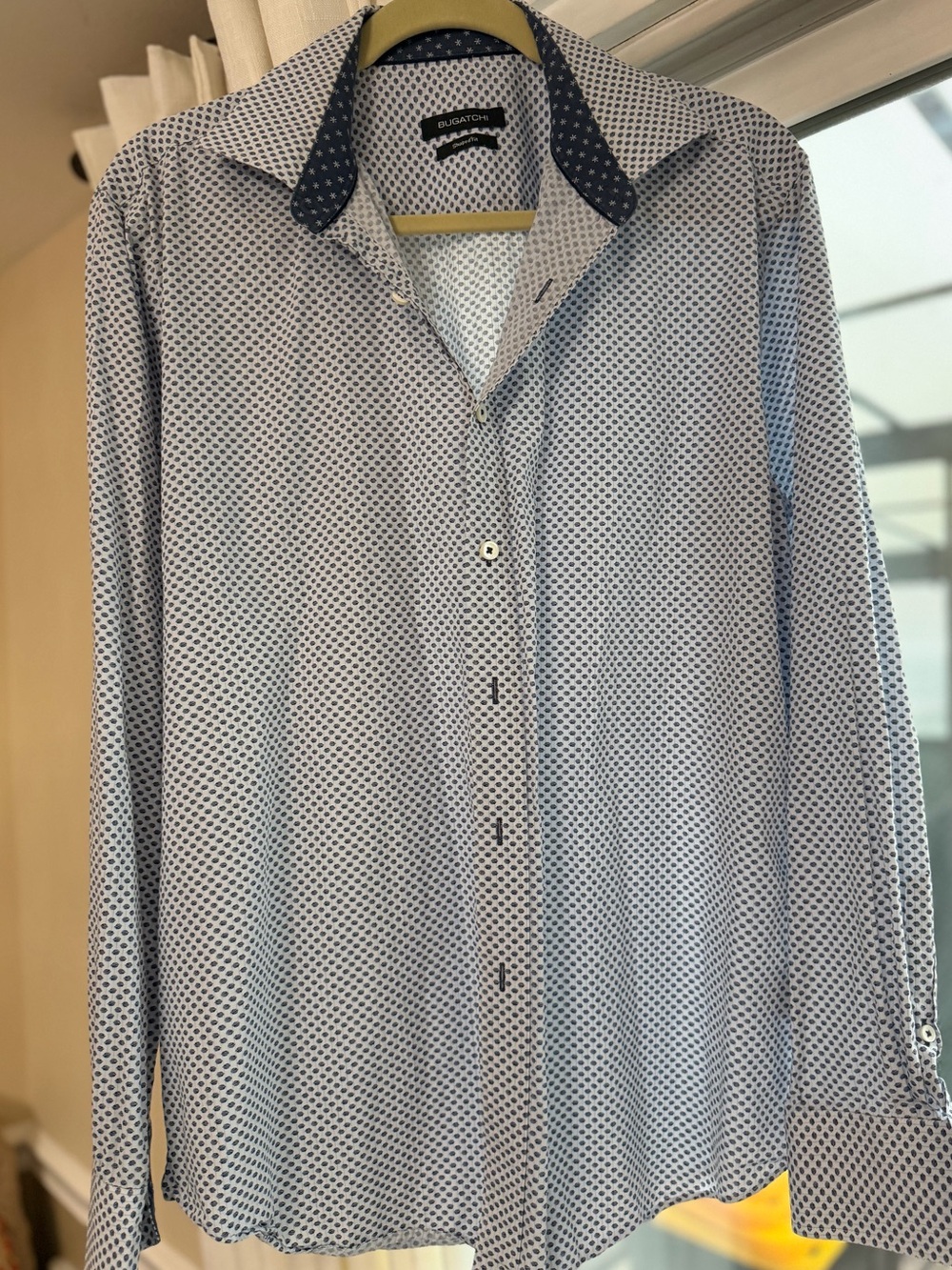 Bugatchi Navy and White Geometric Dress Shirt